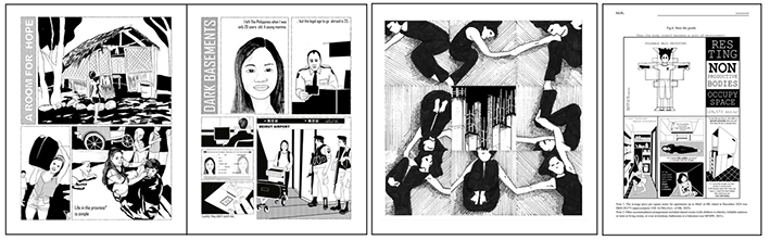 Left: Pages from a graphic monograph in progress. Right: Pages from a graphic article under review. 